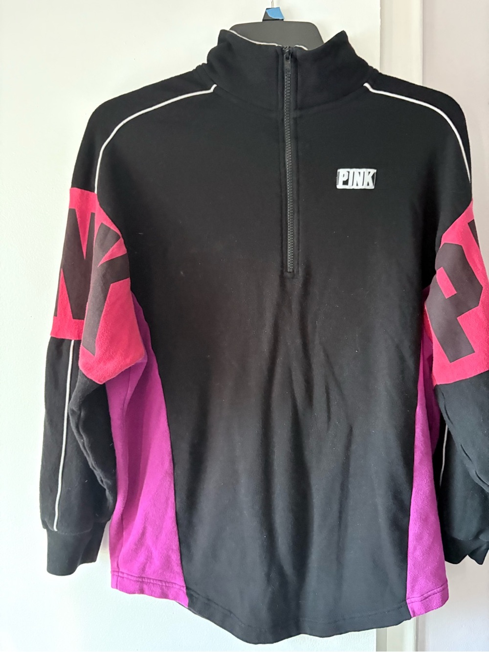 PINK Victoria's Secret Black Pullover Sweater with Pink and Purple Panels